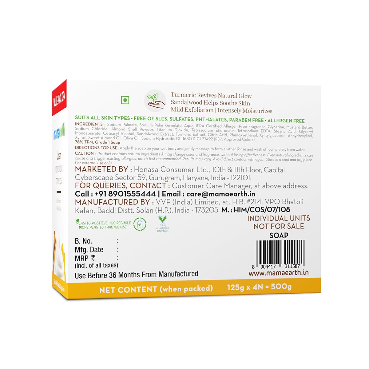 Mamaearth Ubtan Moisturizing Lotion Soap 125 g (Pack of 4) | Removes Tan | Benefits of Lotion in a Soap | Gently Exfoliates & Deeply Cleanses | Nourishes Dry Skin | Non Drying | Grade 1 Soap