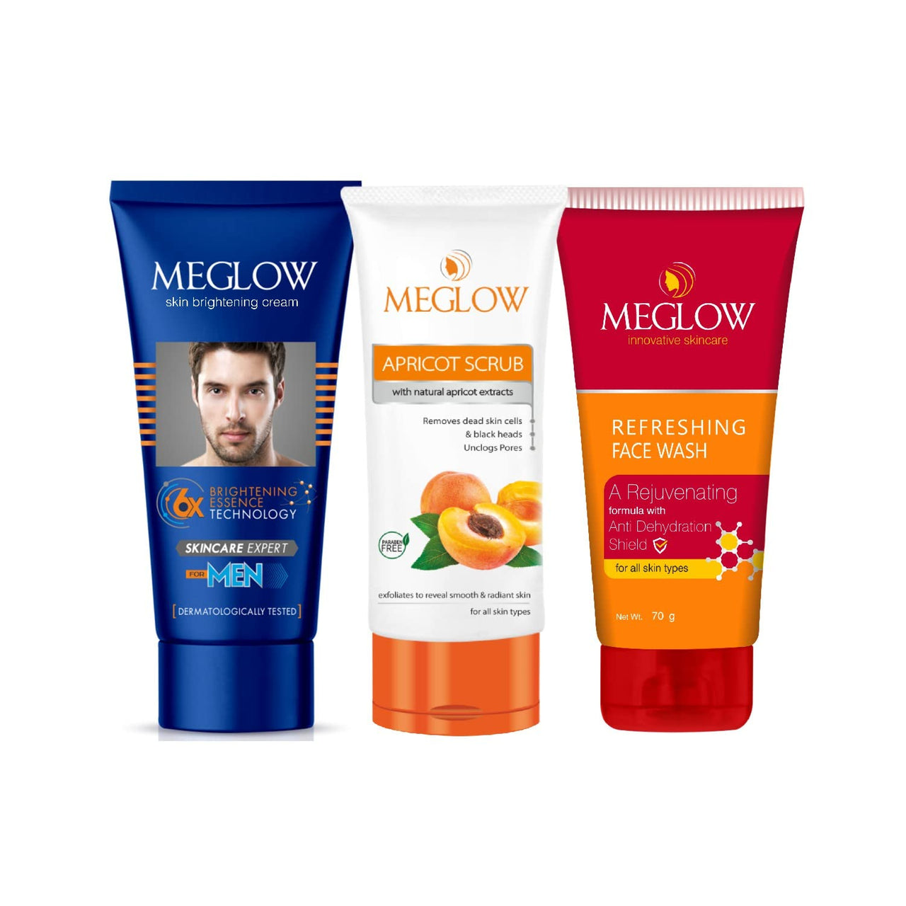 Meglow Mens Skin Care Kit Pack of 3 - Mens Fairness Cream (50g) With Aloevera Extracts and Vitamin E |Apricot Scrub (70g) With Natural Apricot Extracts |Refreshing Face Wash (70g) Helps to Remove Dead Skin Cells and Make Skin Refreshing and Radiant