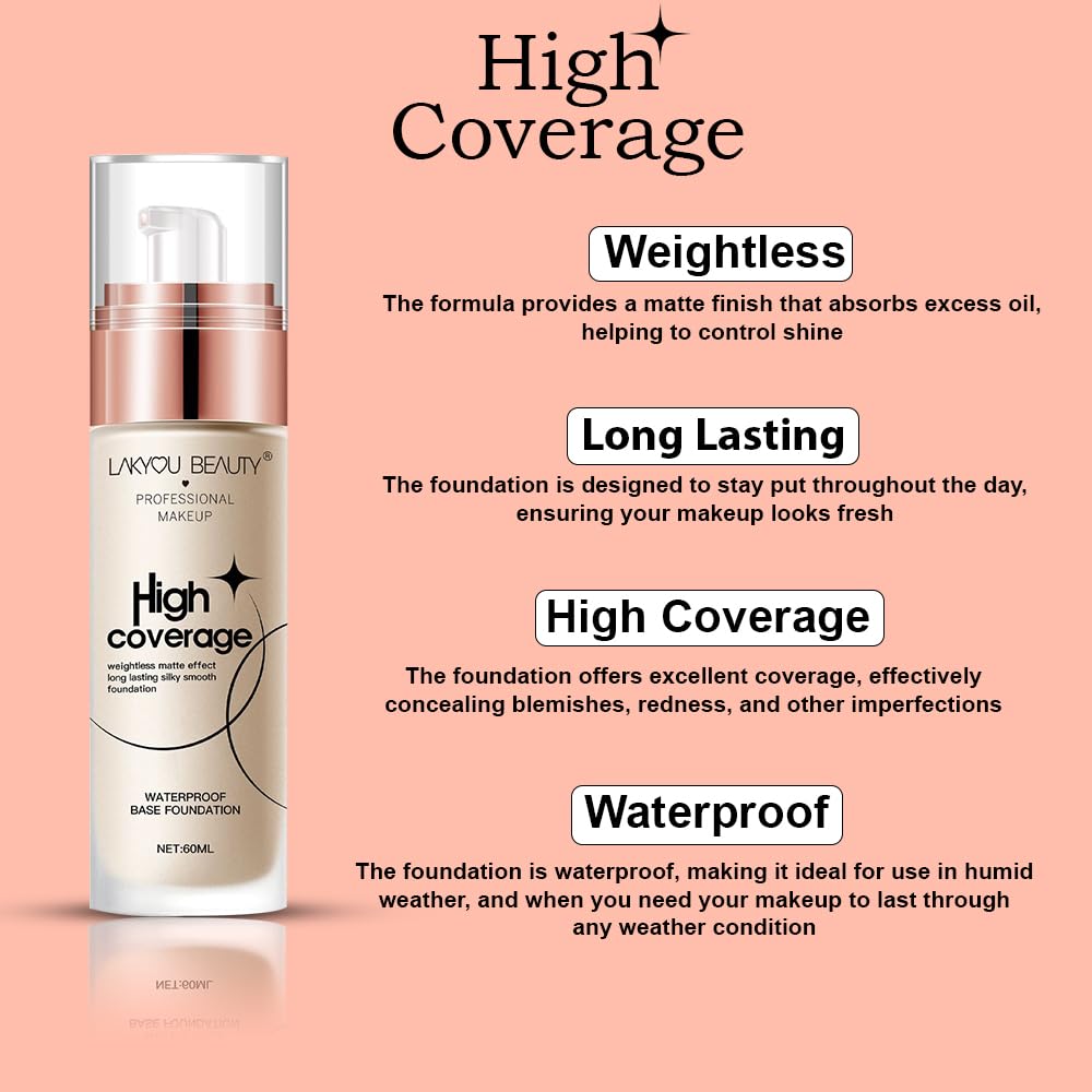 Lakyou Beauty High Coverage Base Foundation | Waterproof | Long Lasting | Light Weight | Shade-01(White Ivory) | Pack Of 2
