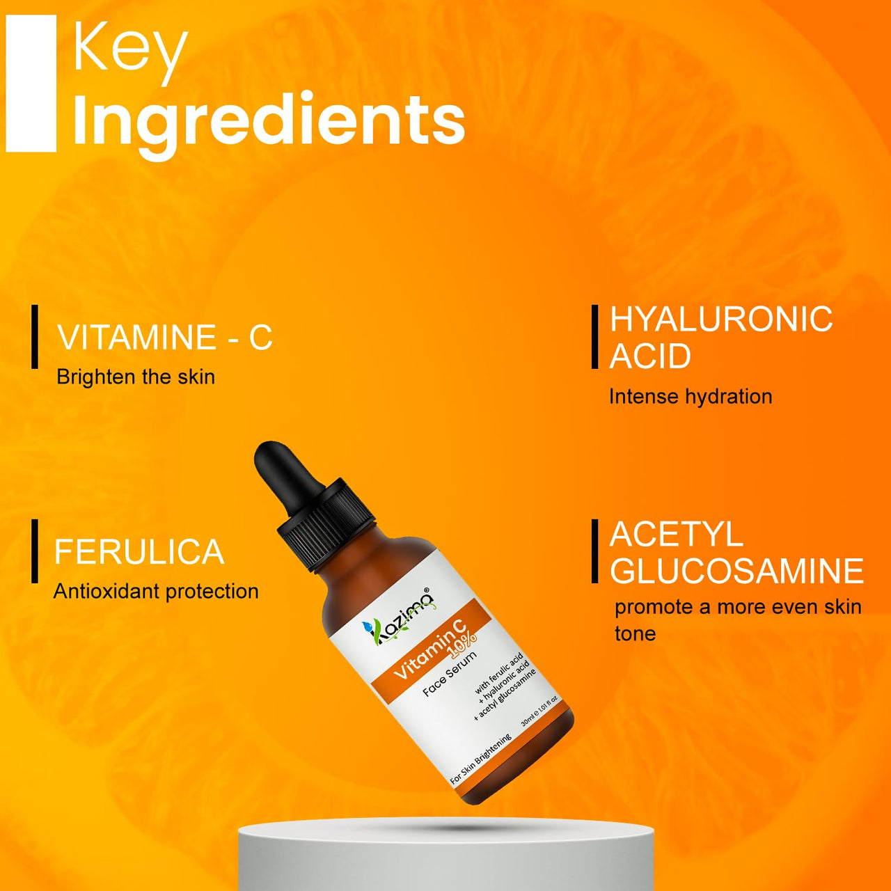 KAZIMA 10% Vitamin C Face Serum for Glowing Skin with 0.5% Ferulic Acid | Targets Dark Spot & Hyperpigmentation | For Dull Skin | Vitamin C Serum for Oily Skin | Suitable for Men & Women | 30 ml