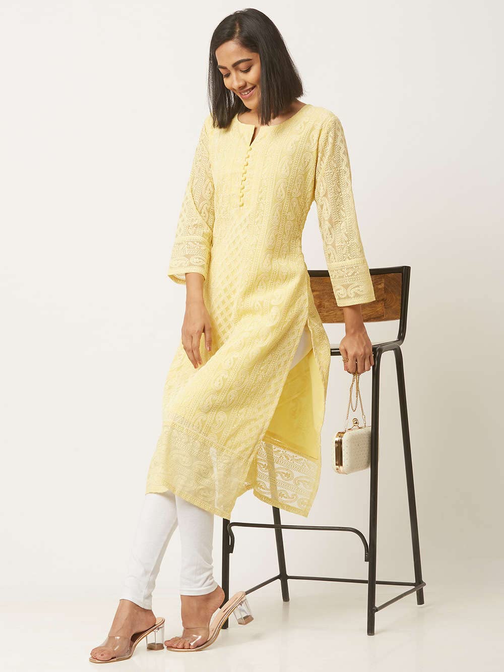 ZOLA Exclusive Georgette Round Neck with Full Sleeves and Calf Length Luckhnowi Chikan Kari Kurta with Button Placket on Yolk Ethnic Wear Straight Kurta for Women Pack of 1