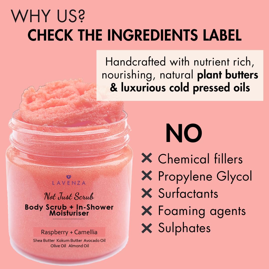 Lavenza Butter Whipped Body Scrub |Natural AHA, NO SILICONES & SULPHATES, Freshly made with Cold pressed Oils & Shea Butter| De-Tans naturally, Deeply Moisturizes, Gently Exfoliates with Camelia Oil | No harsh Chemicals, Safe for Kids, Men & Women, 200 Gm