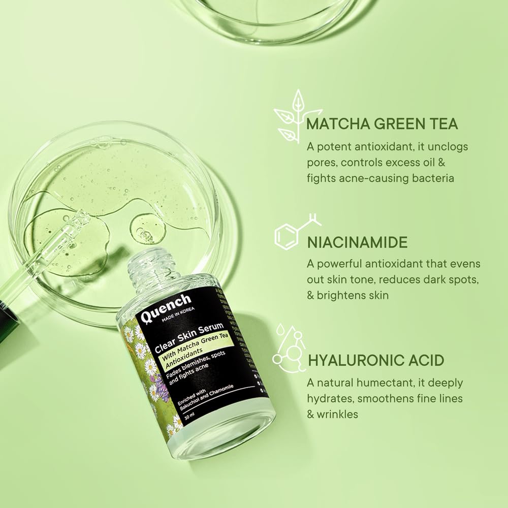 Quench Clear Skin Serum With Matcha Green Tea, Niacinamide & Hyaluronic Acid | Controls Oil Production | Fades Dark Spots, Acne Marks & Pigmentation | Made In Korea 30Ml)
