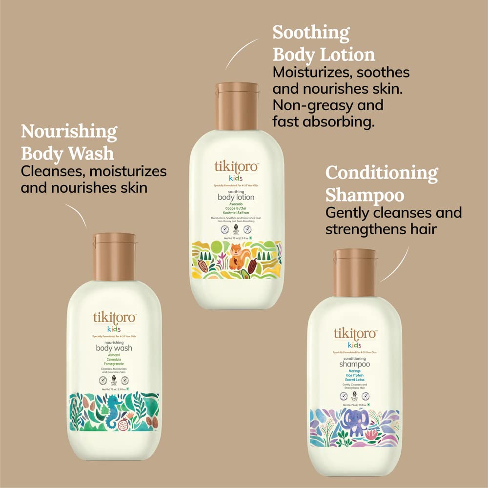 Tikitoro Kids Starter Pack 100% Vegan with Nourishing Body Wash, Soothing Body Lotion & Conditioning Shampoo, No Parabens & Sulphates (Age: 4+) (75 ml x 3)