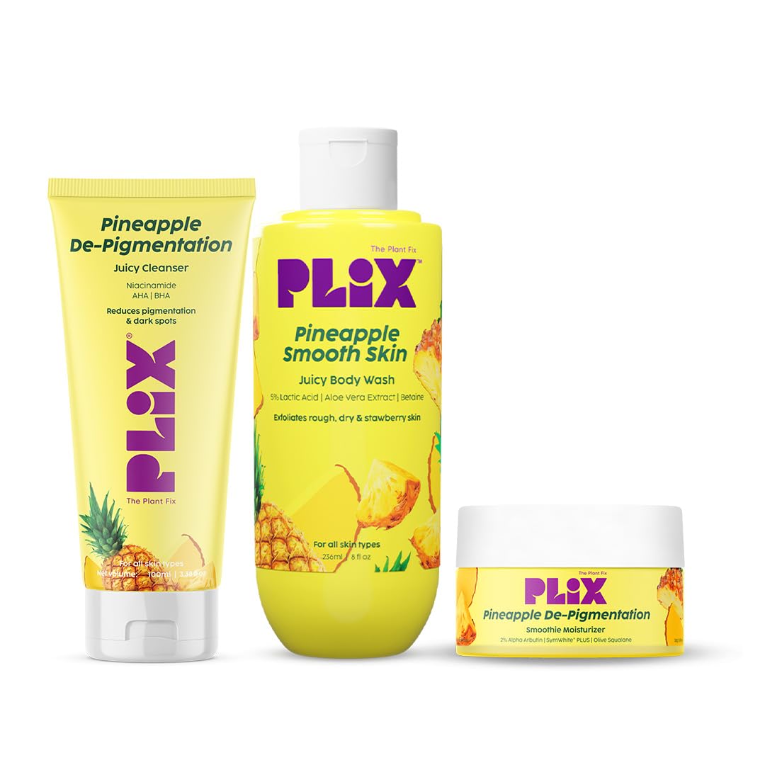 PLIX - THE PLANT FIX Pineapple Depigmentation regime for Fresh, Bright & Even Skin | With Juicy Cleanser & Body Wash & Moisturizer | Reduces Pigmentation & Dark Spots| Smoothens Strawberry Skin | For All Skin Types l Men & Women