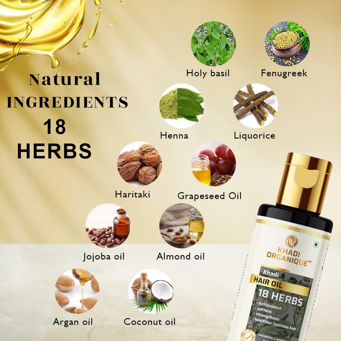 Khadi Organique 18 Herbs Herbal Hair Oil to Repair Dry Scalp | Softens Hair, Prevents Dandruff, Dandruff & Hair Growth | Natural & Non-Sticky Formula | Paraben & Sulphate Free Formula for Women & Men - 210ml