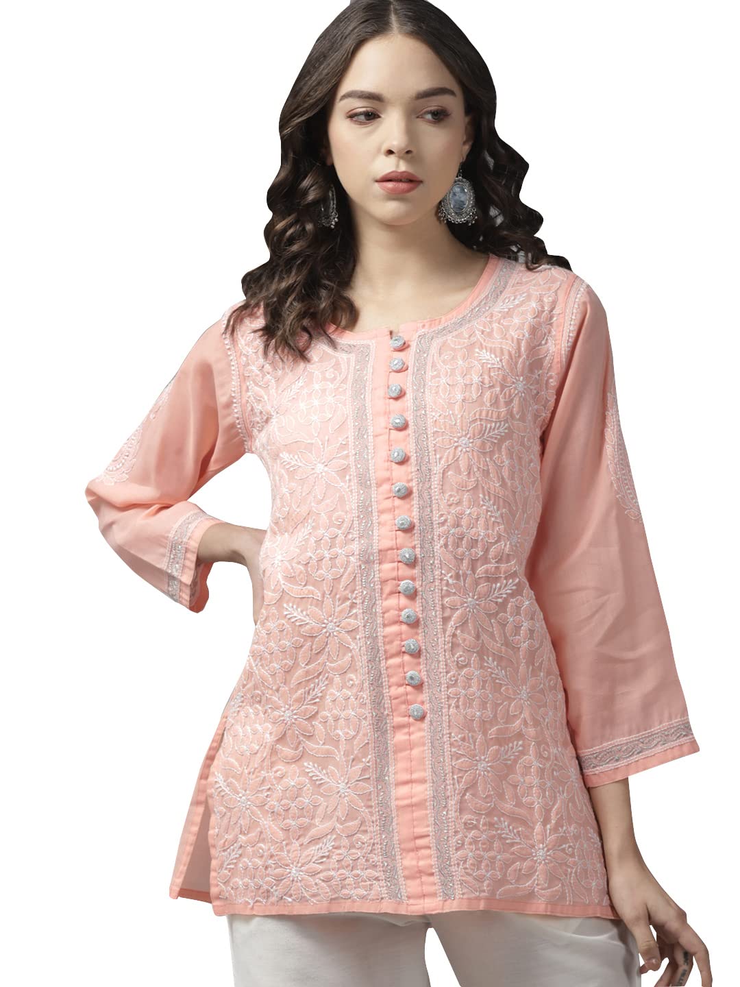 Ada Women's  Hand Embroidered Lucknowi Chikankari Cotton Straight Short Top Kurti A178625