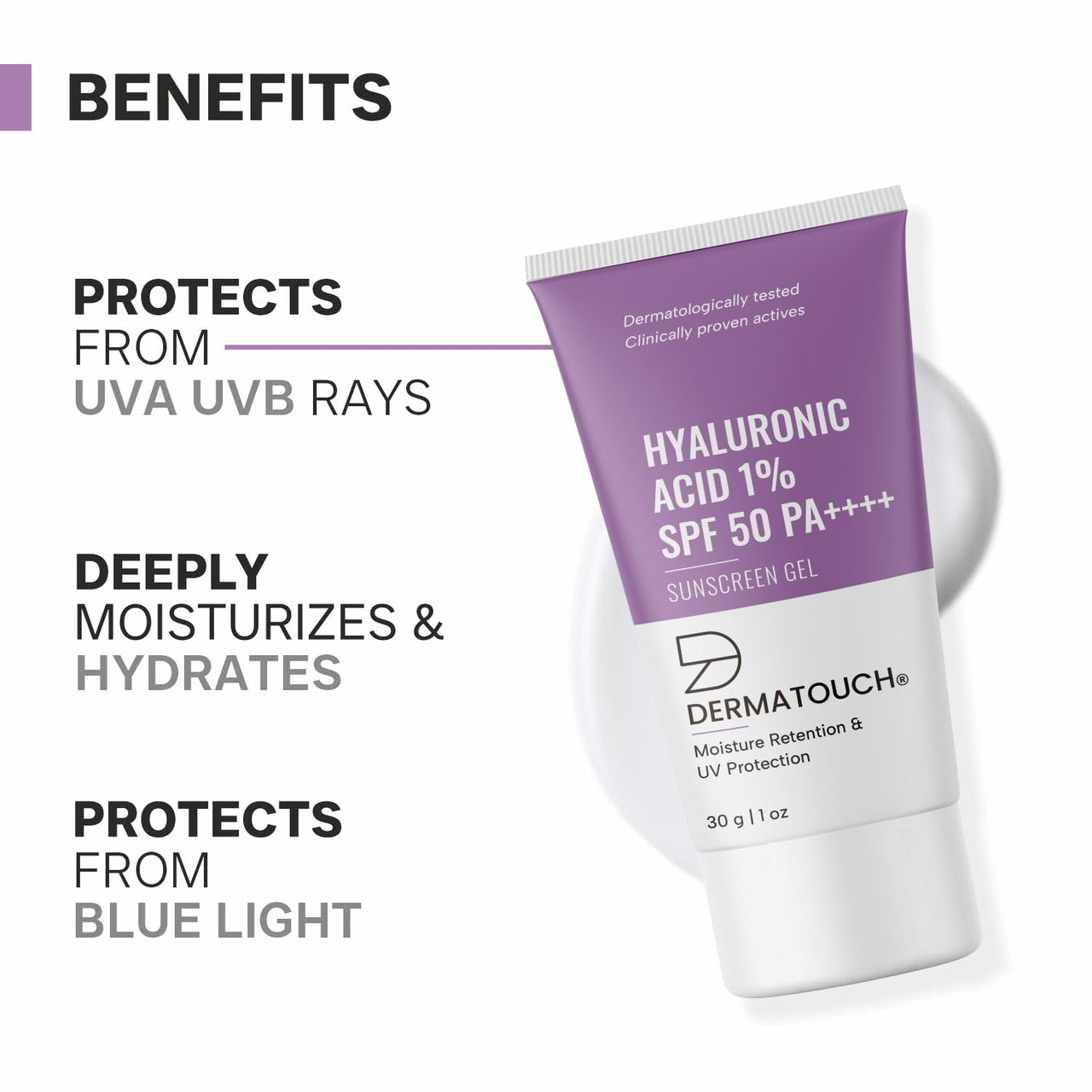 DERMATOUCH HYALURONIC ACID 1% SUNSCREEN | SPF 50 PA++++ | FOR ALL SKIN TYPES | NO WHITE CAST | 30G