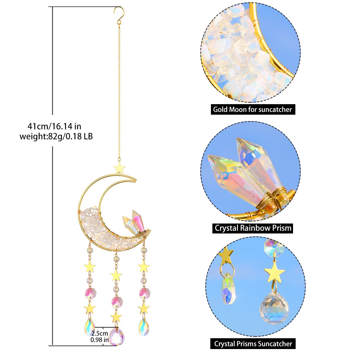 Opal Moon Crystal Suncacher - Sun Catchers Indoor Window Prism Crystal Moon Dream Catcher Wind Chimes Crystals and Healing Stones Rainbow Maker Garden Tree Decorations Outdoor Moon Opal Crystal