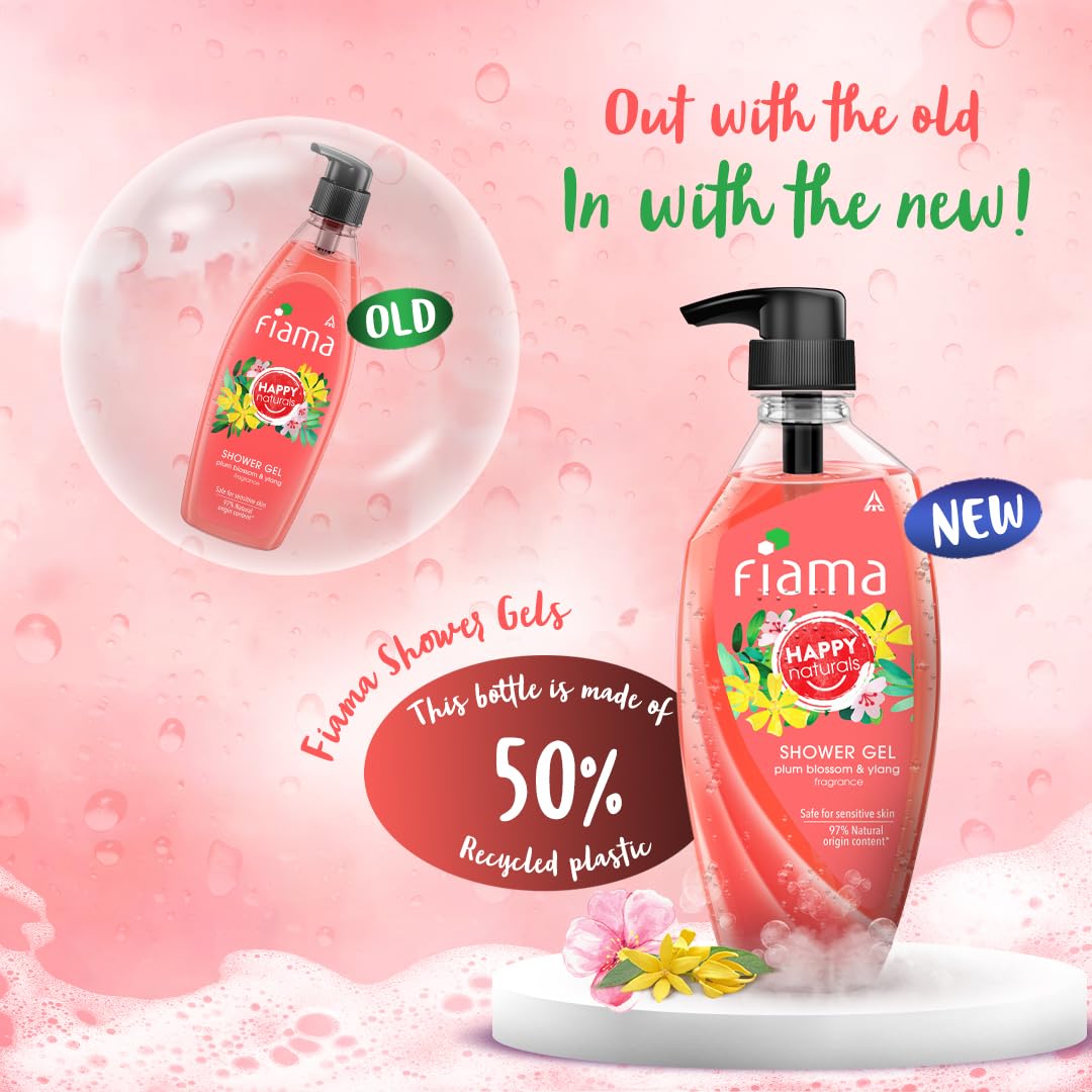 Fiama Happy Naturals Body Wash Shower Gel, Plum Blossom and Ylang, 500ml, Body Wash for Women & Men, 97% Natural Origin Content, Safe on Sensitive Skin Bodywash