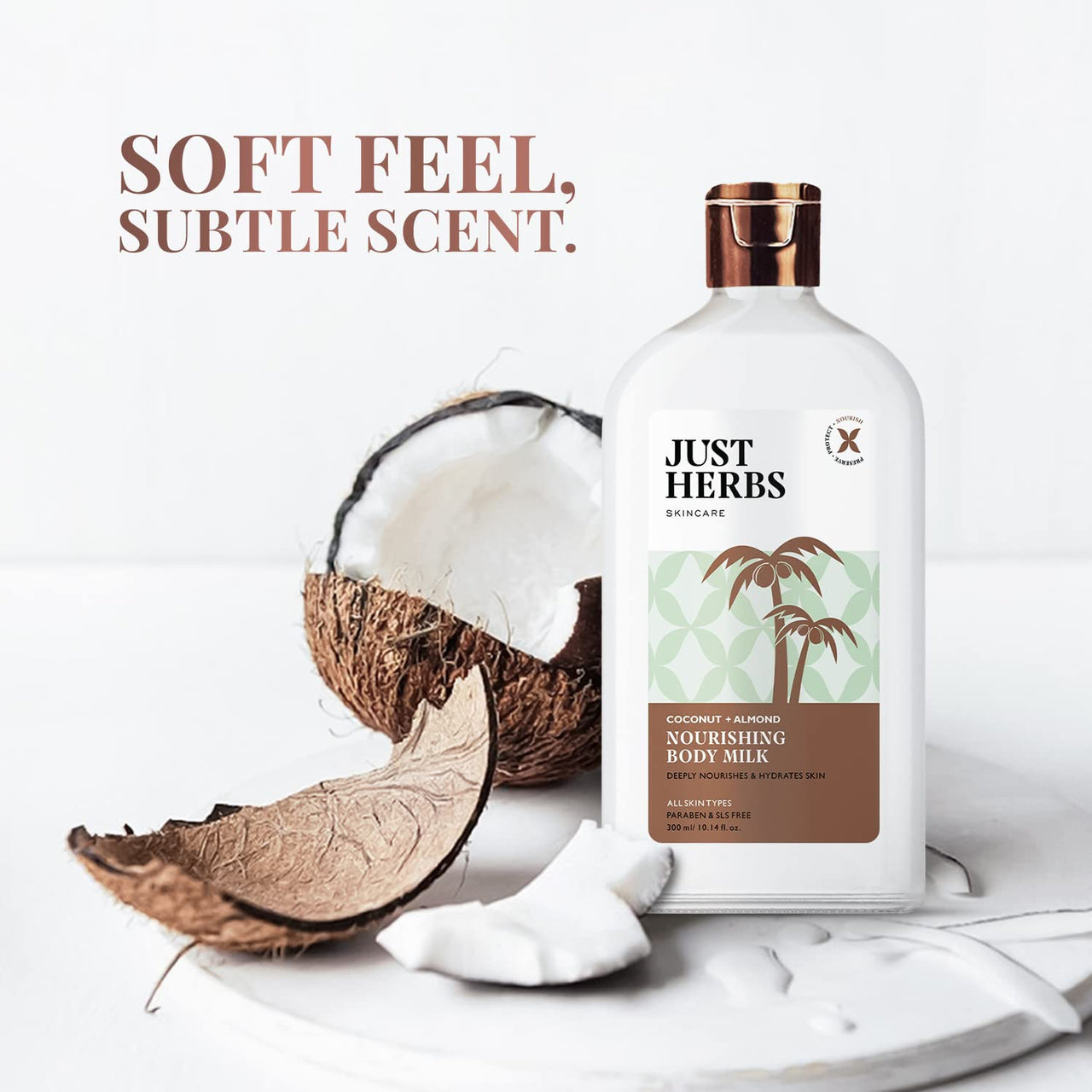 Just Herbs Body Lotion For Dry Normal & Combination Skin Nourishing Body Milk With Coconut + Almond - 300ml & Just Herbs SPF 35+ Nosun Sunscreen Gel, Lightweight, Broad Spectrum PA 35++++- 50ml Combo