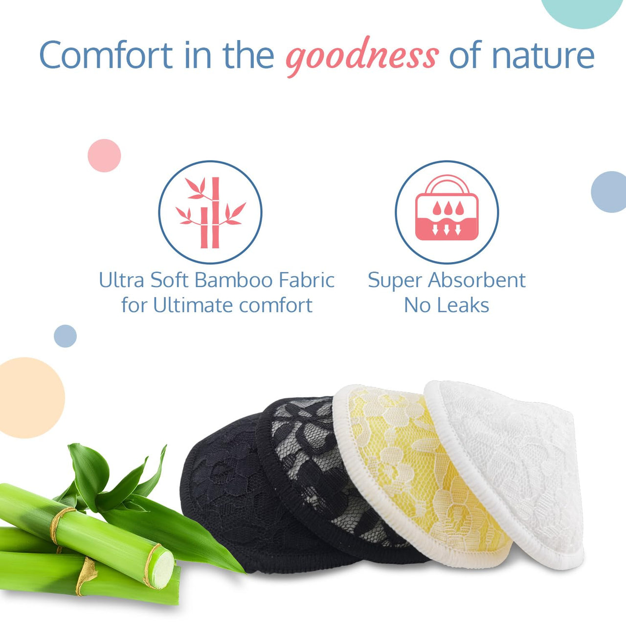 LuvLap Natural Bamboo Washable Nursing Breast Pads for Breast feeding mothers, Beautiful Lace Style, Contoured Shape for snug fit, Nipple Pad, Includes Laundry Bag, Super absorption, 6Pc