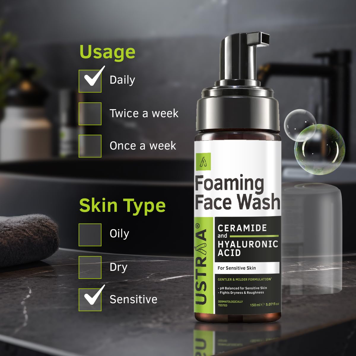 Ustraa Foaming Face Wash - 150ml - with Ceramide & Hyaluronic Acid - For Sensitive Skin | Gentle Formulation | Keeps pH in Balance | Dermatologically Tested | NO SLS, NO PARABEN