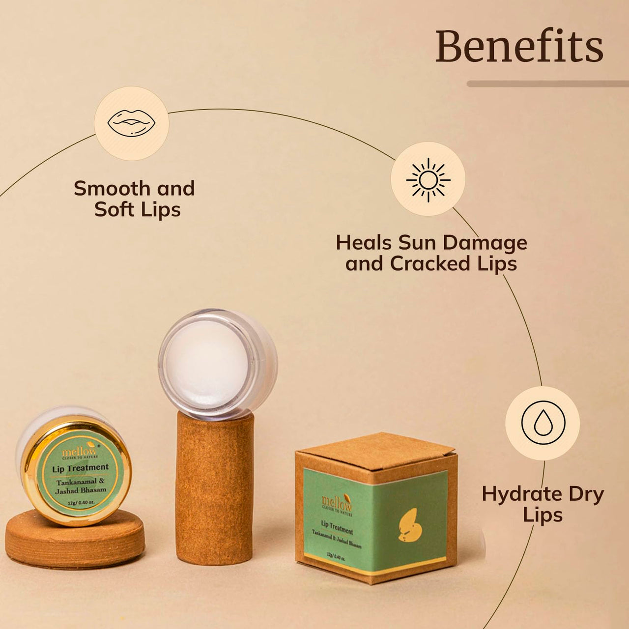 Mellow Herbal Lip Treatment with Almond Oil & Jasad Bhasma for Moisturize & Nourish Dry & Chapped Lips, Ayurvedic Balm for Men & Women, Paraben Free [Cream - 12 Gm]