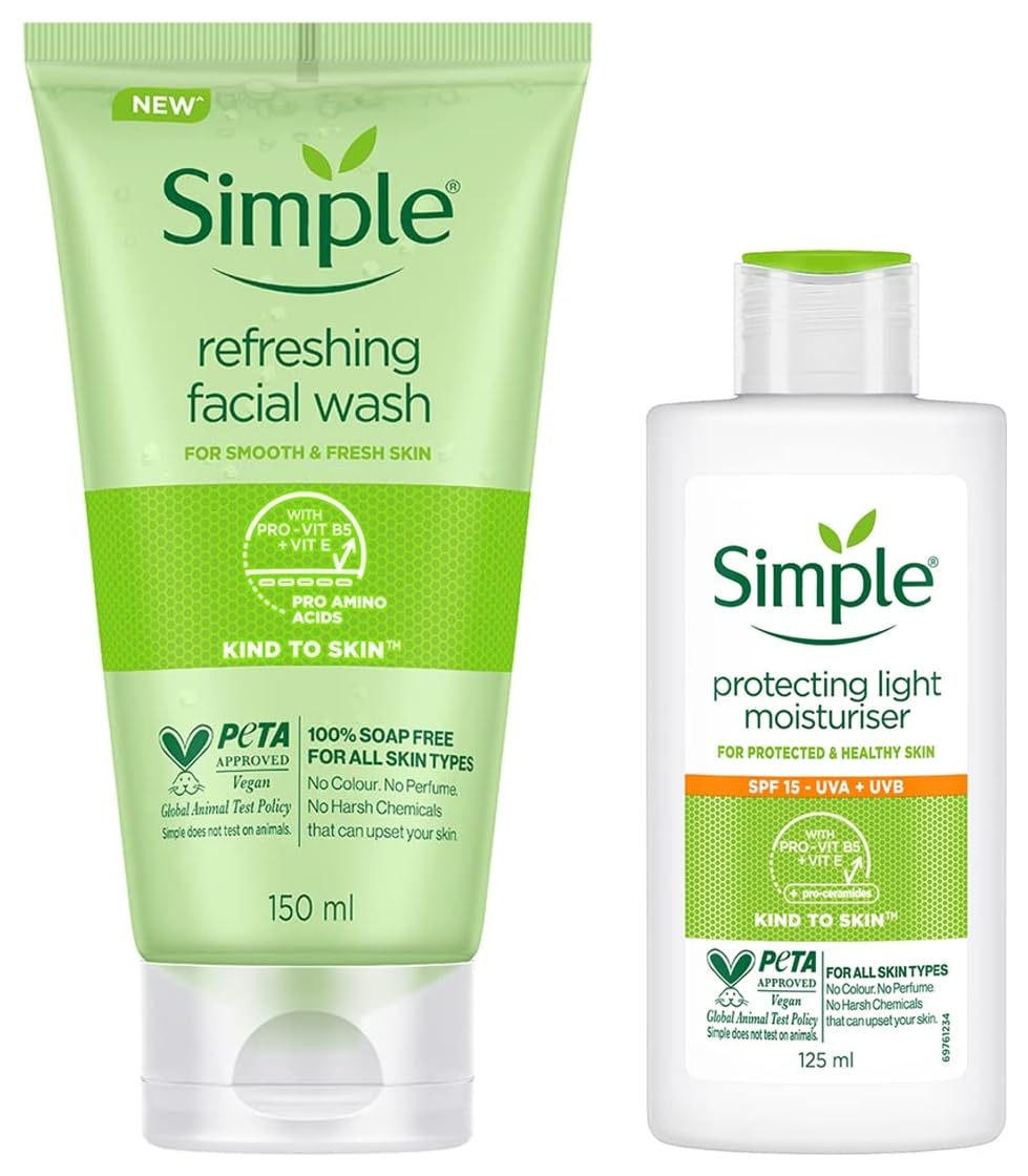 Simple Kind to Skin Protecting Light Moisturiser SPF15| Sunscreen | 125 ml & Simple Kind to Skin Refreshing Facial Wash 150 ml