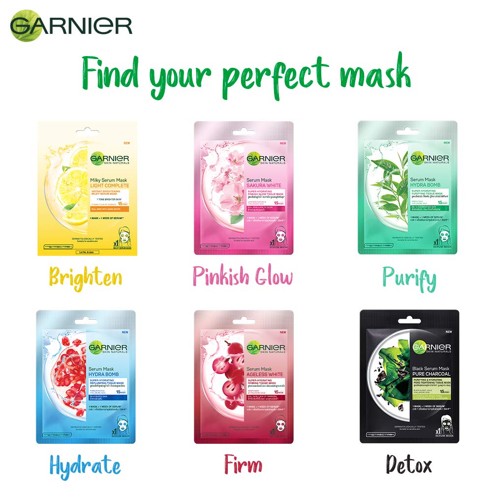Garnier Skin Naturals, Green Tea, Face Serum Sheet Mask Green, 32g And Garnier Skin Naturals, Sakura White, Face Serum Sheet Mask (Pink, 32g)