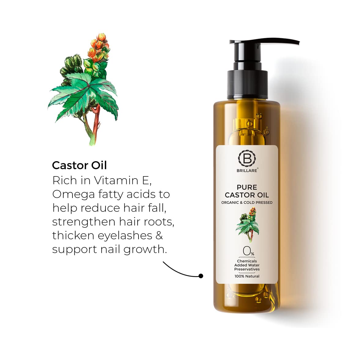 Brillare Pure Coconut Oil, 100 Percent Natural, Organic and Cold Pressed, Hair Oil 200 ML, Zero Chemicals & Brillare Pure Cold Pressed Castor Oil, 100 Percent Natural & Organic, 200 ML