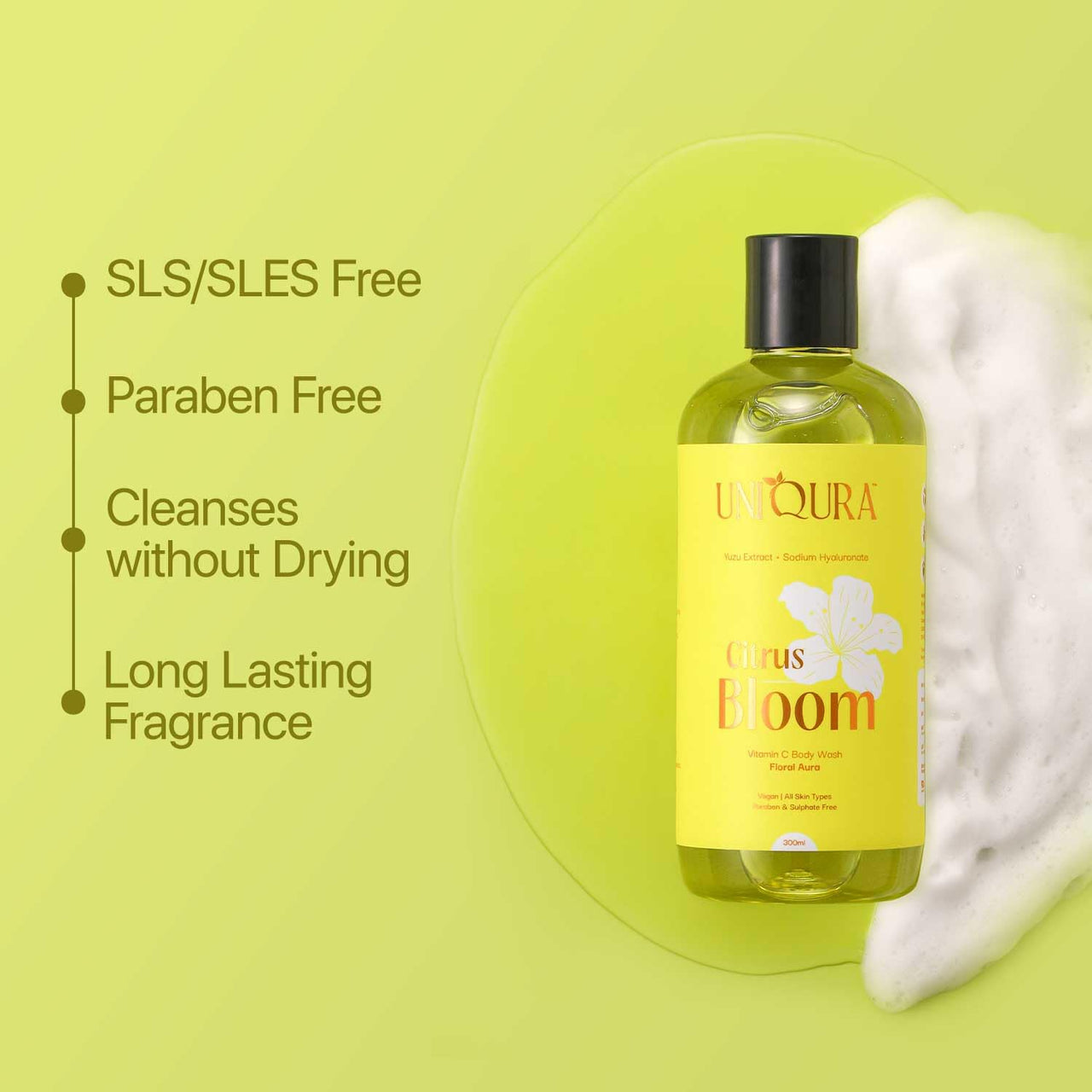 Uniqura Vitamin C Body Wash Shower Gel For Women With Yuzu Extract For Intense Moisturisation Brightens Skin, Evens-Tone & Reduces Sun Damage | Paraben & Sulphate Free Shower Gel For Men | Citrus Body Wash For Women 300Ml