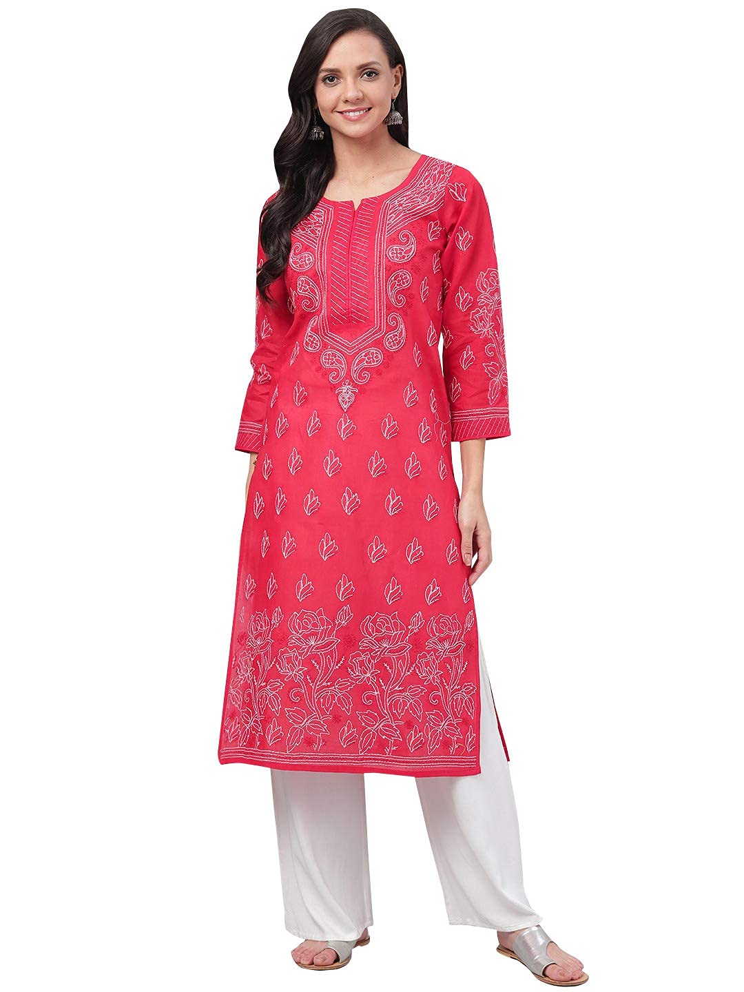 Ada Hand Embroidered Lucknowi Chikankari Straight Cotton Kurti Kurta for Women A220999 White 2XL
