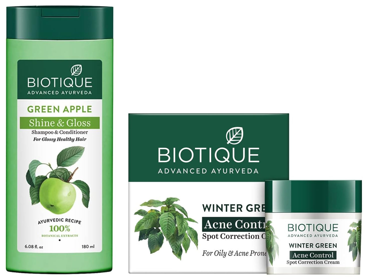 Biotique Bio Green Apple Fresh Daily Purifying Shampoo and Conditioner for Oily Scalp and Hair, 180m And Biotique Bio Winter Green Spot Correcting Anti Acne Cream, 15g