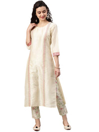 ZIYAA Women's  Off-White Poly Silk Straight Kurta and Pant Set (ZIKUPS2887ANDPA-3XL_Off-White_3XL)