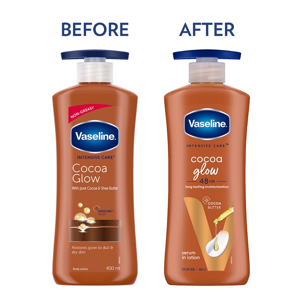 Vaseline Intensive Care, Cocoa Glow Serum-in-Lotion, 600ml, with 100% Pure Cocoa & Shea Butter, 48Hr Long-Lasting Moisturization, Body Lotion for Dry, Rough Skin