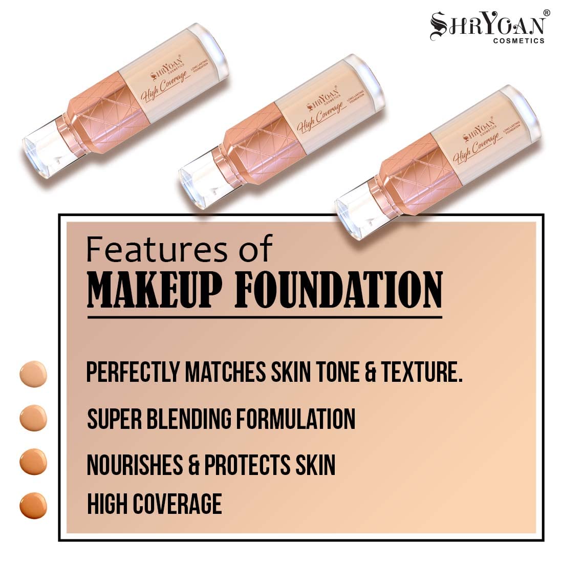 Shryoan High Coverage Foundation| Matte & Natural Finish Liquid Foundation and Long Lasting with Easy Blendable, Suitable for All Skin Types (50gm) (Shade 02)
