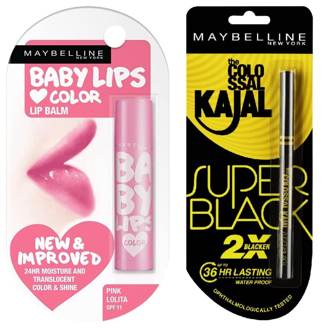Maybelline New York Colossal Kajal, Super Black, 0.35g And Baby Lips Lip Balm, Translucent Finish - Pink Lolita, 4g