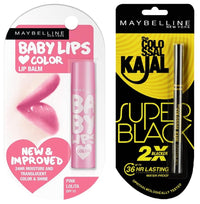 Maybelline New York Colossal Kajal, Super Black, 0.35g And Baby Lips Lip Balm, Translucent Finish - Pink Lolita, 4g