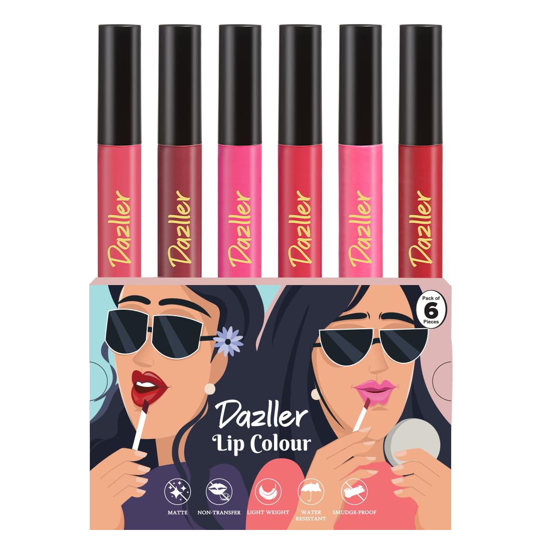 Dazller Lip Colour Lipstick Combo Pack of 6|Vibrant Matte Liquid Lipstick for Women|Long Stay|Smudge-Proof|Non-Transfer|Pink Punch|21.6g