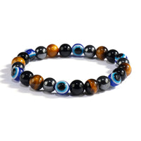 Quadruple protection bracelets for men and women（evil eye, tigers eye,hematite, obsidian）A handmade beaded crystal healing bracelet that can bring luck, happiness and protection(8mm elastic) 8mm elastic