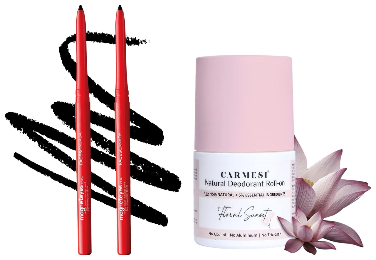 Carmesi Natural UnderArms Roll On Deodorant for Women 50ml and FACESCANADA Magneteyes Metallic Kajal Pencil - Black,0.35G (Pack Of 2)