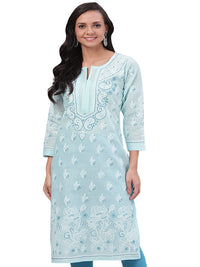 Ada Hand Embroidered Lucknowi Chikankari Straight Cotton Kurti Kurta for Women A220999 White 2XL