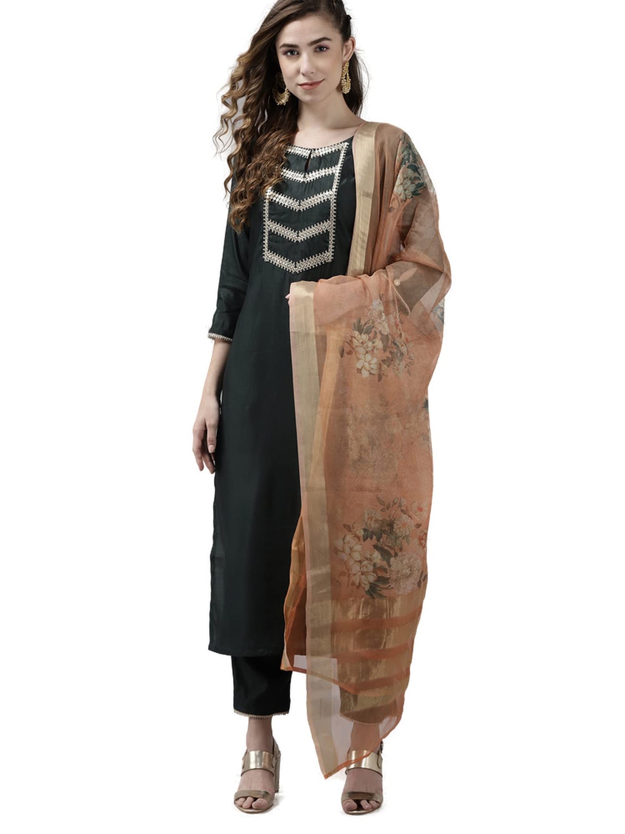 INDO ERA Women's  Cream Solid Viscose Straight Kurta Trouser With Dupatta Set
