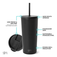 Simple Modern Insulated Tumbler with Lid and Straw | Iced Coffee Cup Reusable Stainless Steel Water Bottle Travel Mug | Gifts for Women Men Her Him | Classic Collection | 20oz | Midnight Black