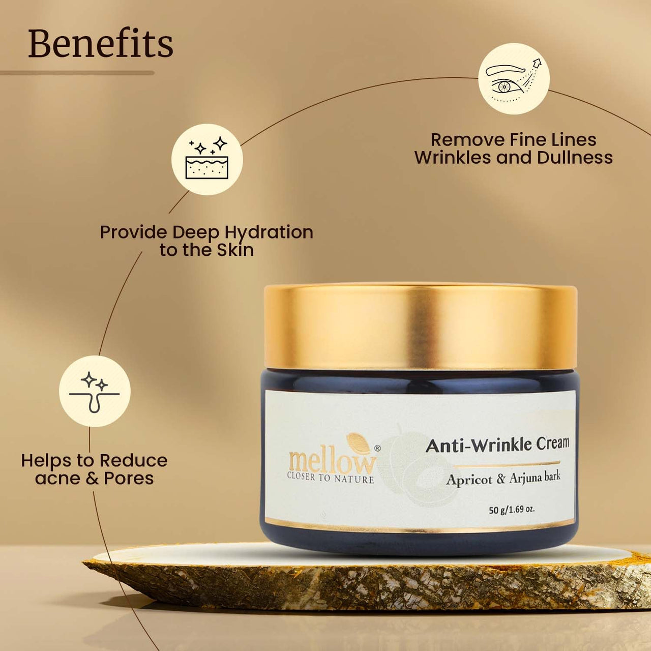 Mellow Herbal Anti-Wrinkle Face Cream with Babachi Ark & Arjuna Bark | Ayurvedic Anti-Aging Moisturizer | Hydrating, Firming & Wrinkle-Reducing Formula | Paraben-Free & Ayush Certified | 50gm