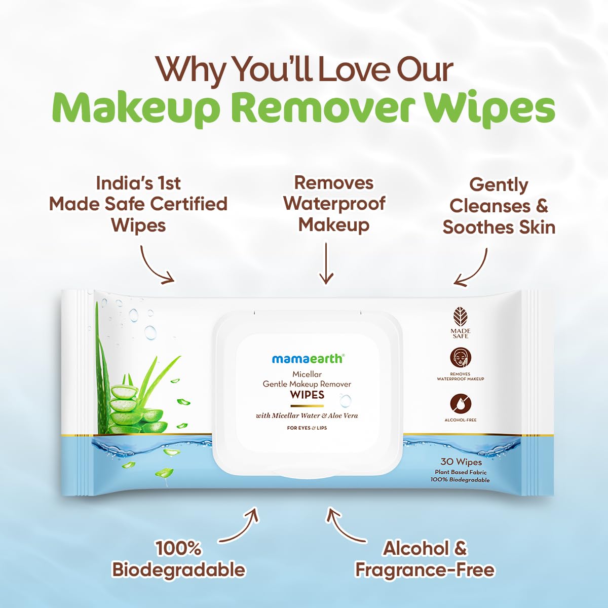 Mamaearth Micellar Gentle Makeup Remover Wipes - 30Nos|Gentle on Skin |Soothes Skin |Removes Waterproof Makeup For Eyes and Lips |No Alcohol |No Fragrance |Dermatologically & Ophthalmologically Tested