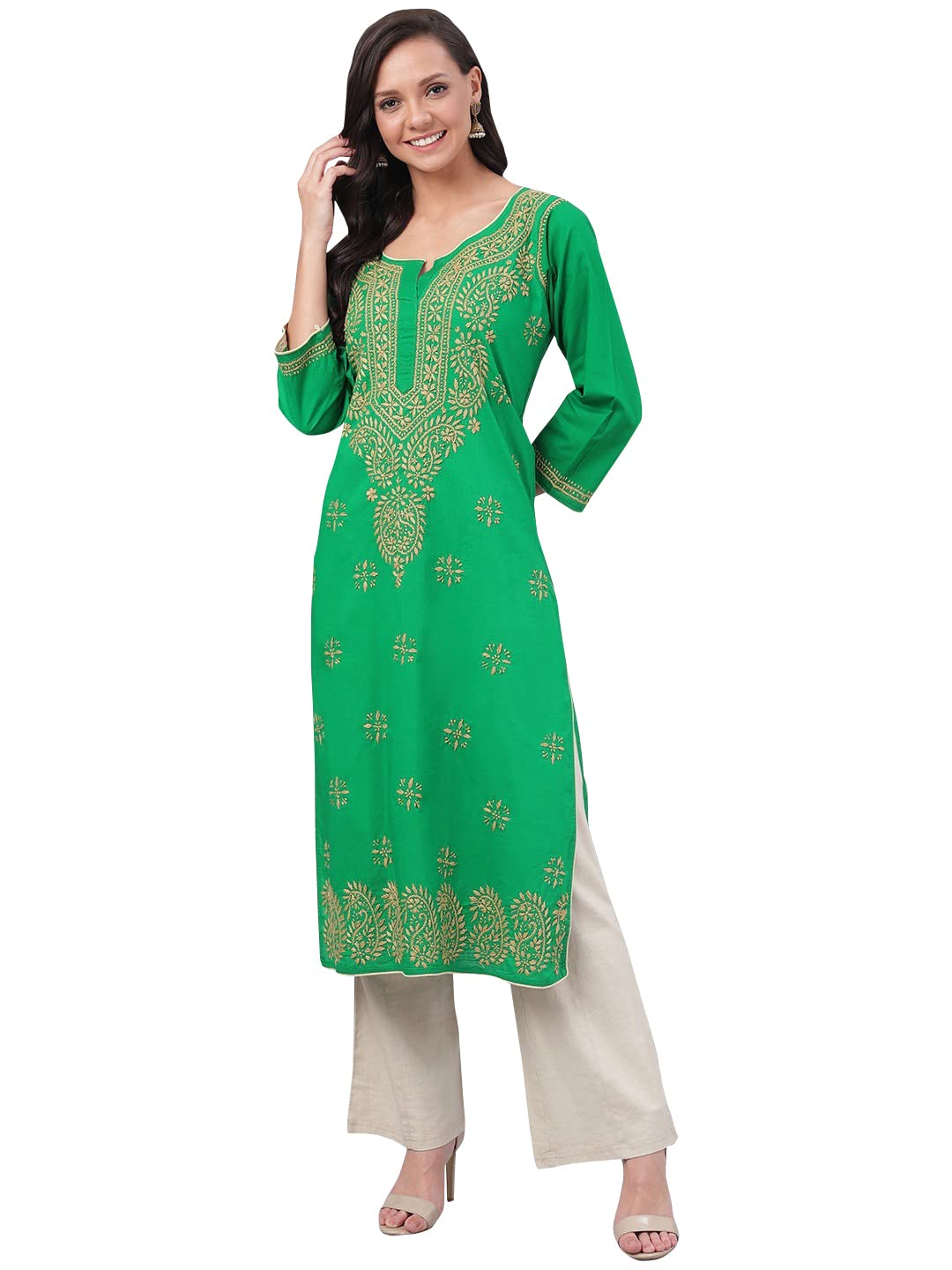Ada Lucknowi Hand Embroidered Chikankari Straight Cotton Kurti Kurta for Women