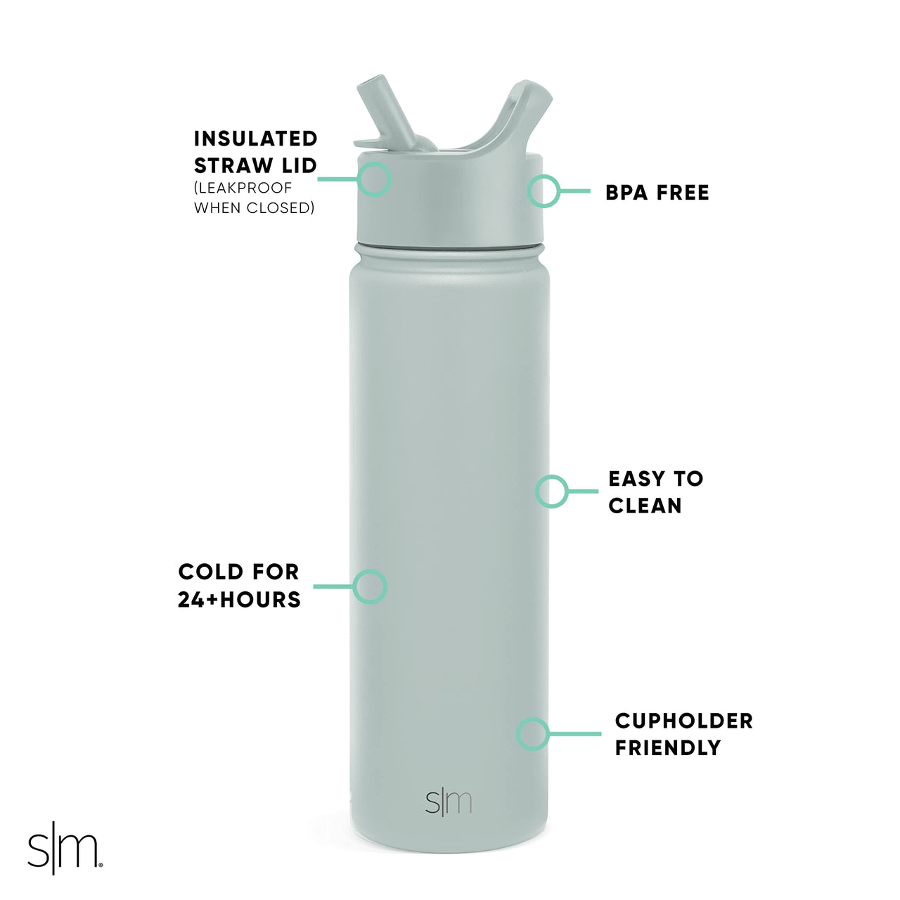Simple Modern Water Bottle with Straw Lid Vacuum Insulated Stainless Steel Metal Thermos | Reusable Leak Proof BPA-Free Flask for Gym, Travel, Sports | Summit Collection | 22oz, Sea Glass Sage -Sea Glass Sage