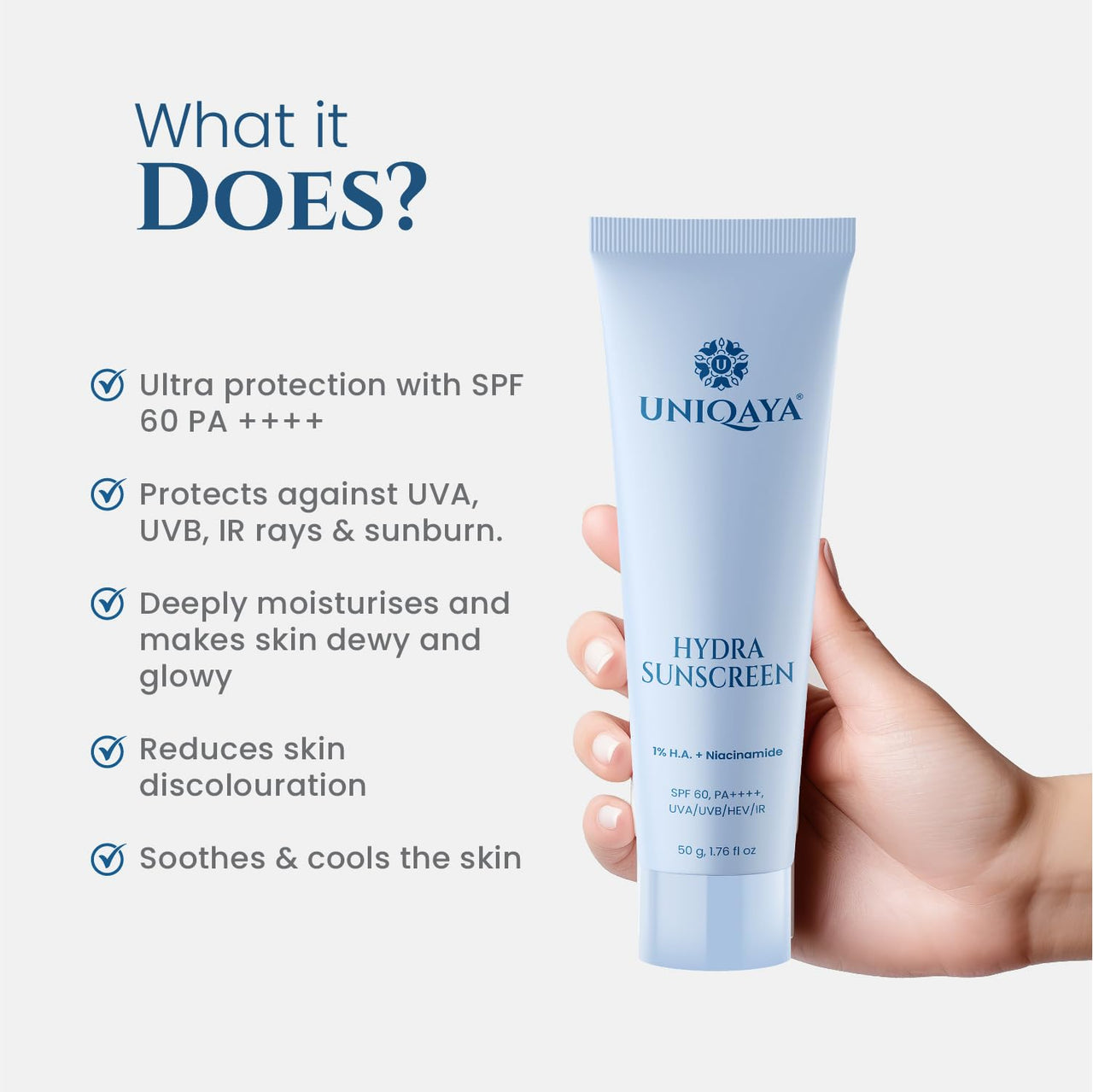 Uniqaya Hydra Sunscreen SPF 60 PA++++ | Hyaluronic Acid & Niacinamide Sunscreen For All Skin Types | Hydrating Sunscreen For Oily Skin With Bluelight Protection Lightweight (50gm)