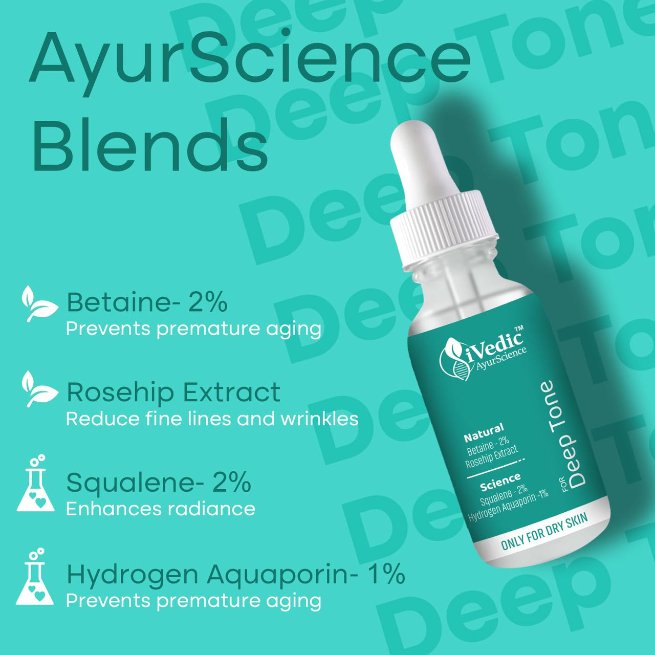 iVedic AyurScience Skin Brightening Serum for Women and Men (1% Hydrogen Aquaporin, 2% Squalene & Betaine 2%) Removes Tan For Even Skin Tone - Only Suitable for Dry Skin - 30 ml
