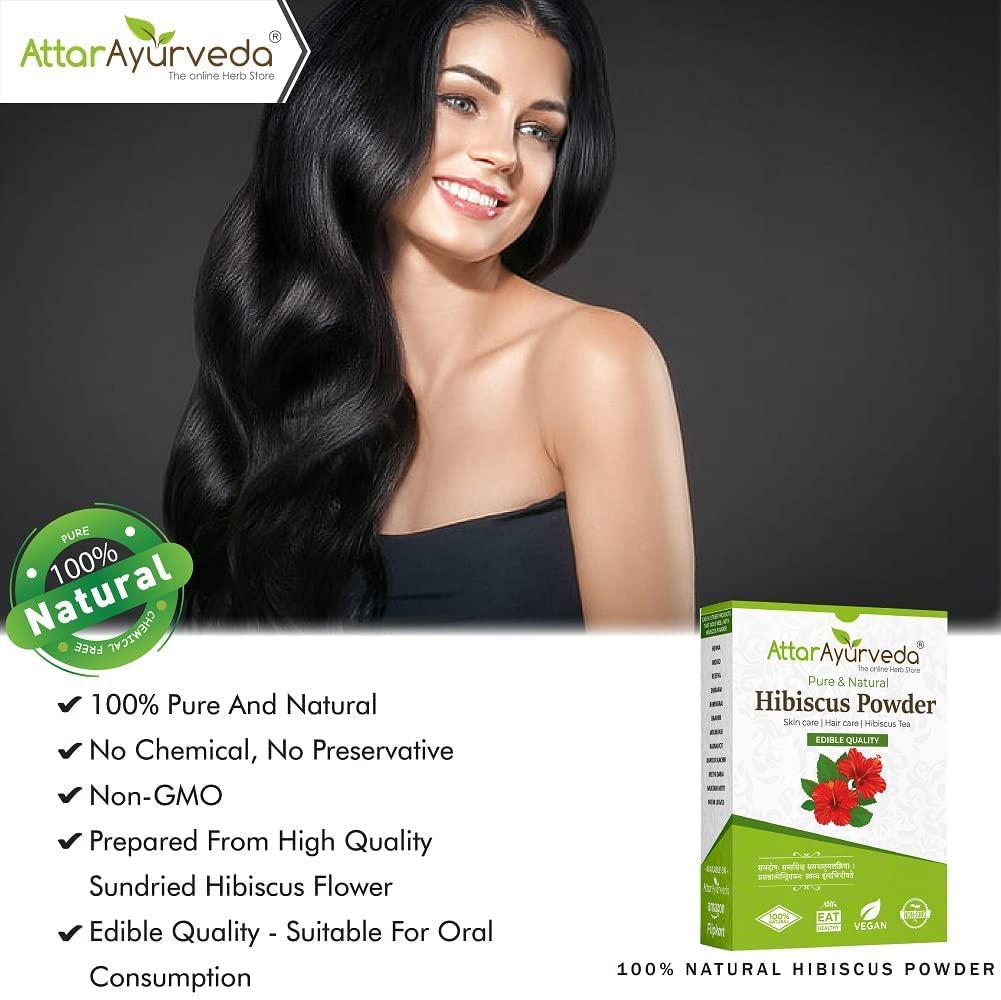 Attar Ayurveda Hibiscus powder for hair growth (100 Grams) | Ideal for Hair pack, Face pack, Eating, and Hibiscus tea | Gudhal Ka Phool Powder | 100% Pure and Natural, No Preservatives