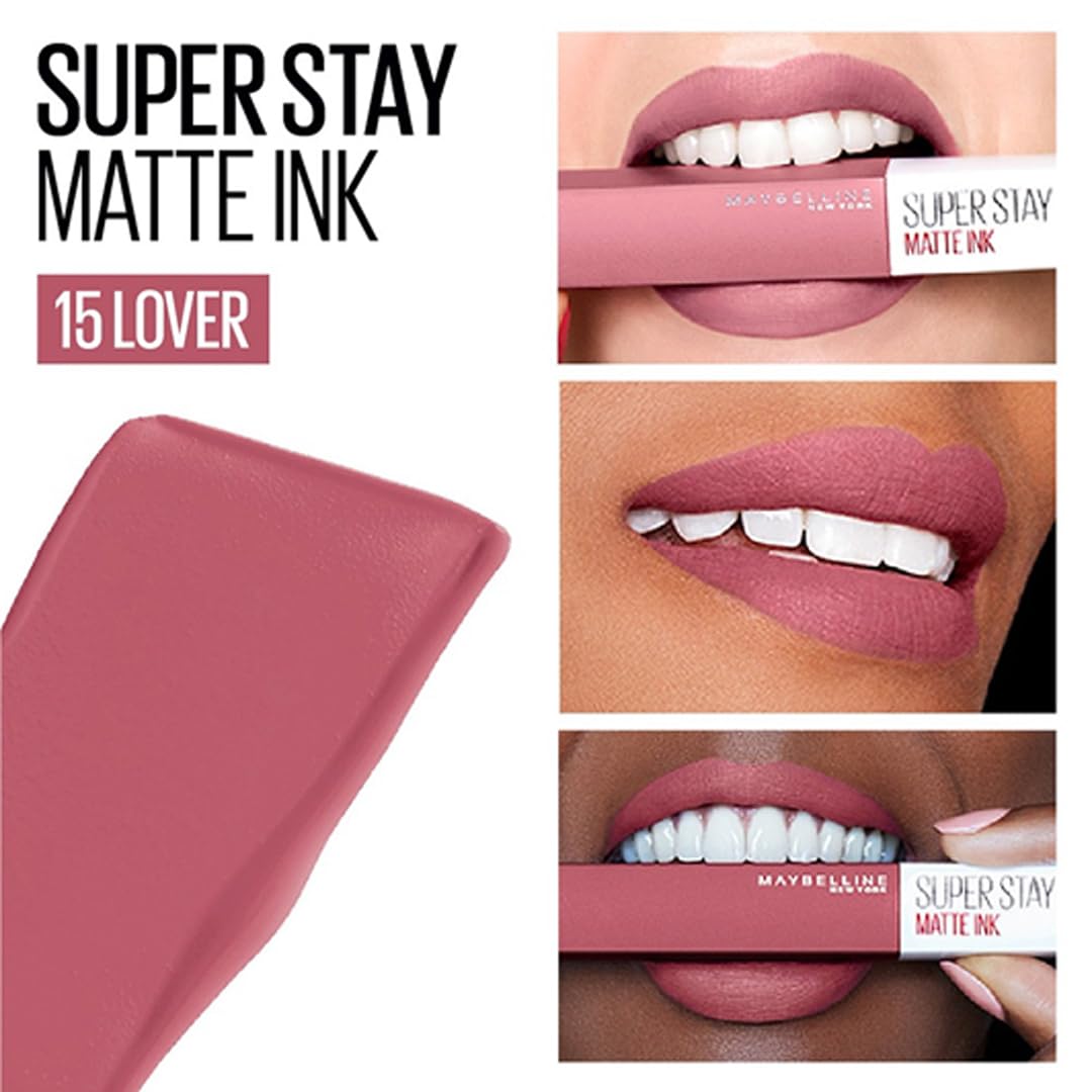 Maybelline New York Liquid Matte Lipstick, Long Lasting, 16hr Wear, Superstay Matte Ink, 15 Lover, 5ml