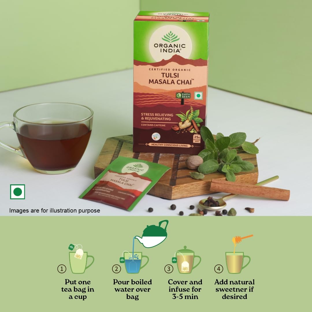 A TATA Product - Organic India Tulsi Masala Chai, 25 Tea Bags, Stress Relieving*, Refreshing And Relaxing, 100% Whole Herb Power*, Certified Organic, Unbleached Filter Paper Tea Bags