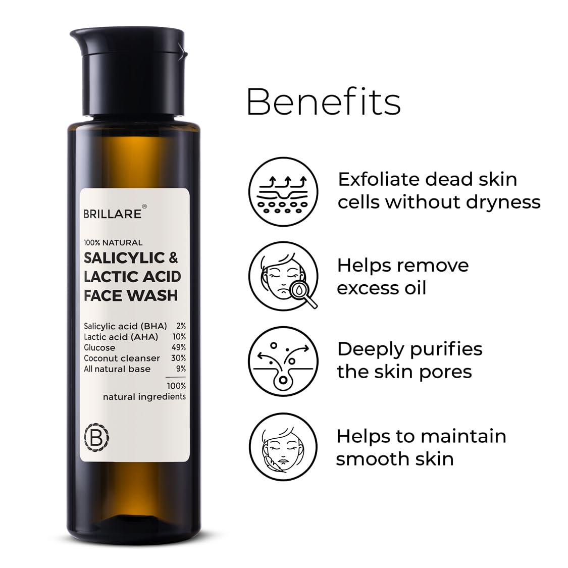 Brillare 2% Salicylic & Lactic Acid Face Wash | Deep Cleansing, Oil Control & Acne Care | With Zinc for Oily & Sensitive Skin (100ML)