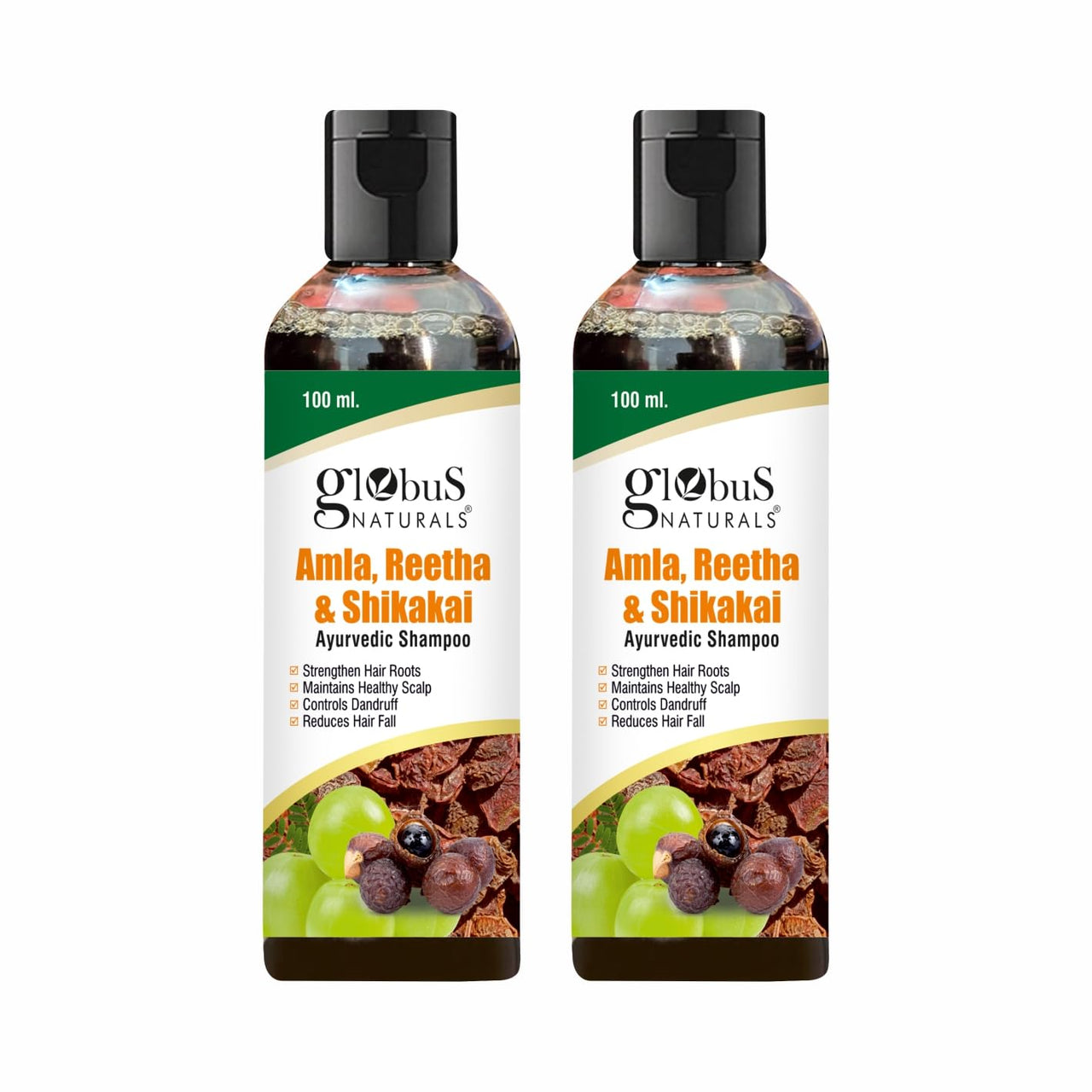 Globus Naturals Amla Reetha Shikakai Shampoo - Natural & Mild Cleanser for Healthy Hair and Scalp, Suitable for All Types, Set of 2, 100 ml