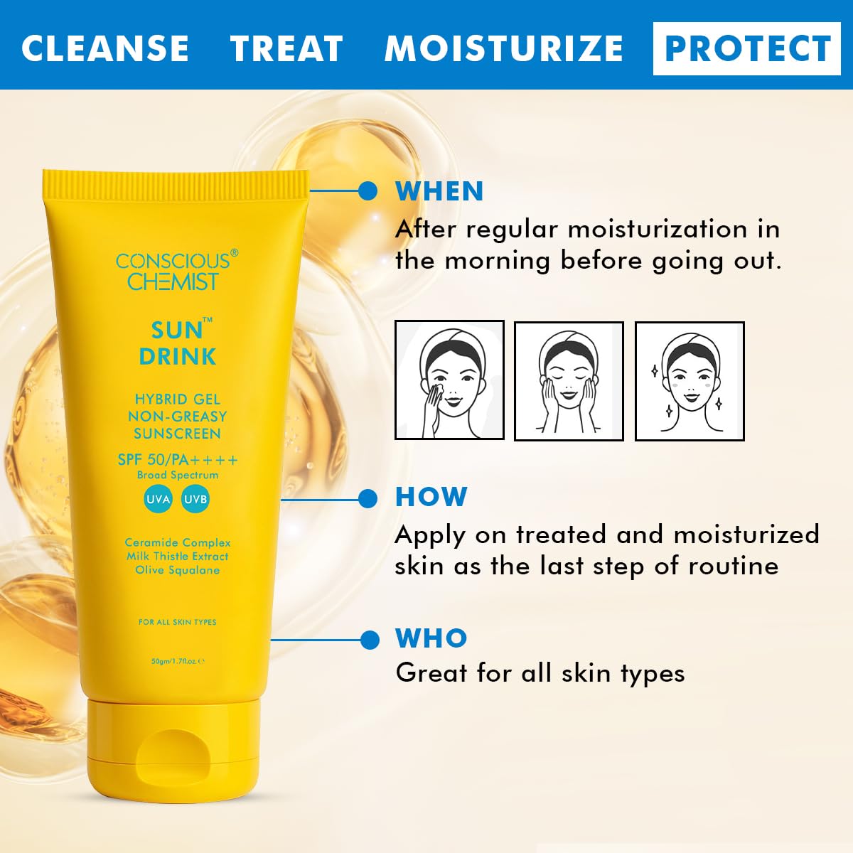 Conscious Chemist Dewy Ceramide Sunscreen SPF 50 PA++++ | For Oily Skin | UVA/UVB & Blue Light Protection | Fragrance-Free | For Men & Women, All Skin Type - Sun Drink | 50g