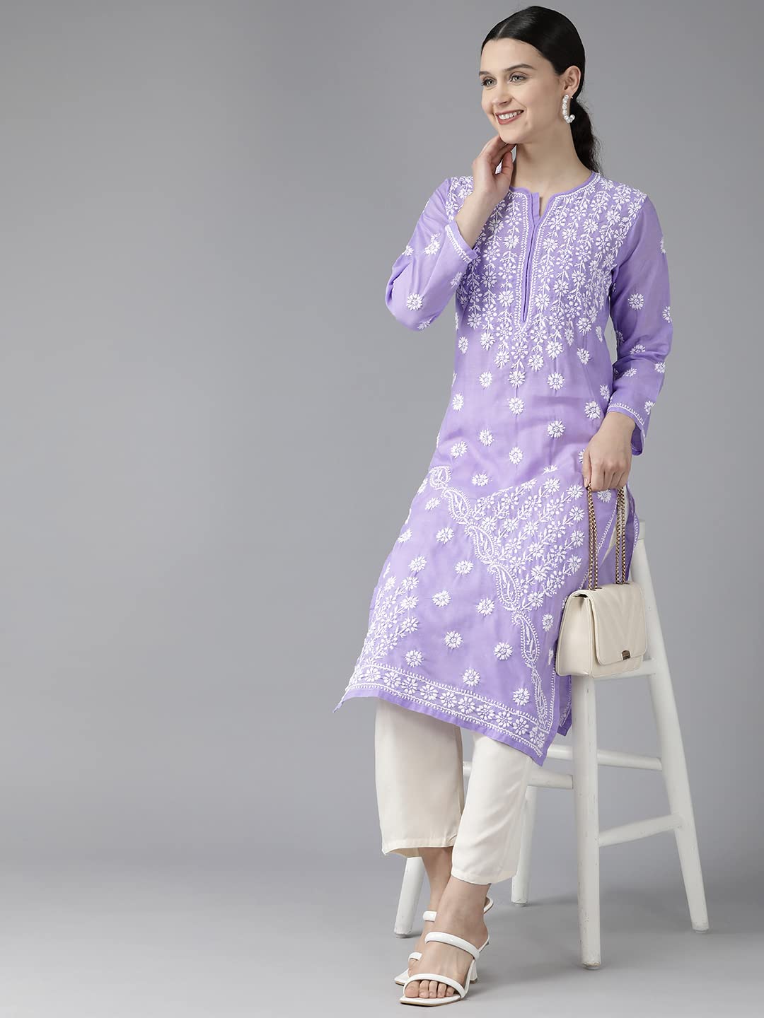 Ada Hand Embroidered Lucknowi Chikankari Ethnic Wear Cotton Kurta Kurti Tunic for Women