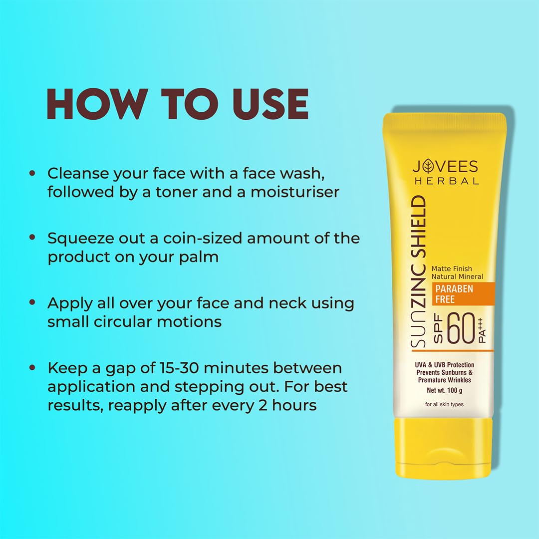 Jovees Herbal Sun Zinc Shield SPF 60 PA+++ Broad Spectrum | Matte Finish | Oil Free | UVA/UVB & Blue Light Protection | For All Skin Types 100g (Pack of 2)