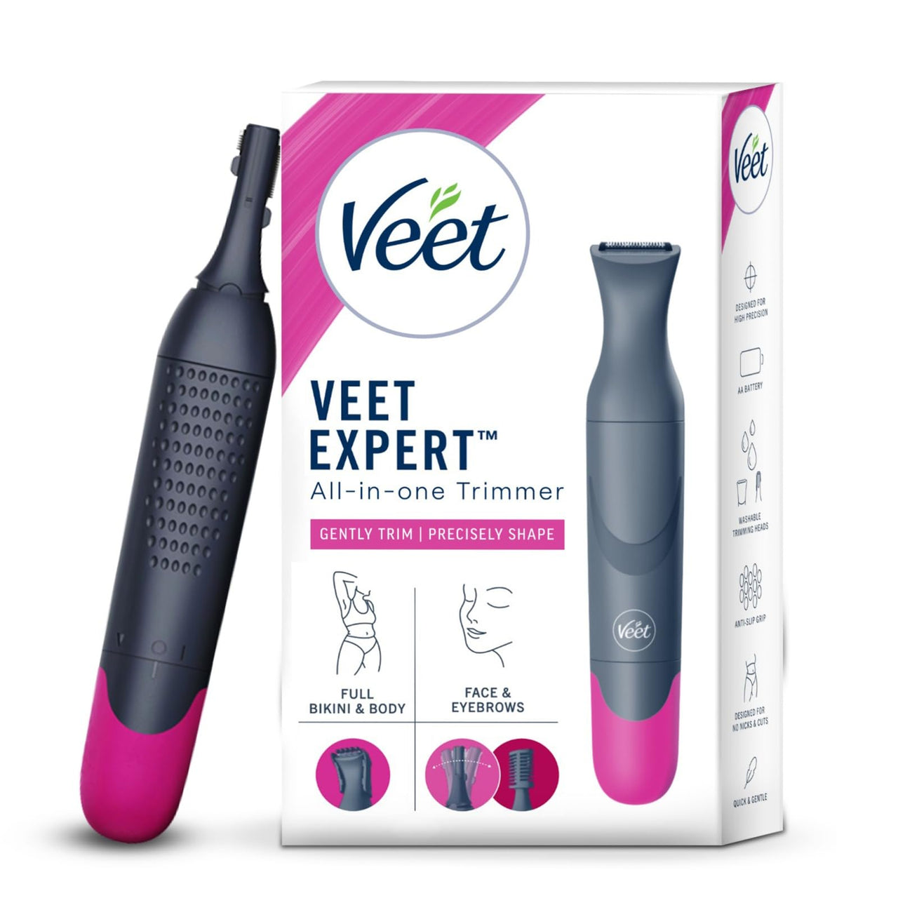 Veet Expert All-in-One Women's Trimmer | Full Body, Bikini, Face & Eyebrow Grooming Trimmer Electric Shaver,Gray